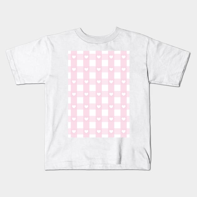 light pink gingham, romantic, gingham hearts, valentines day y2k, girly pink aesthetic Kids T-Shirt by blomastudios